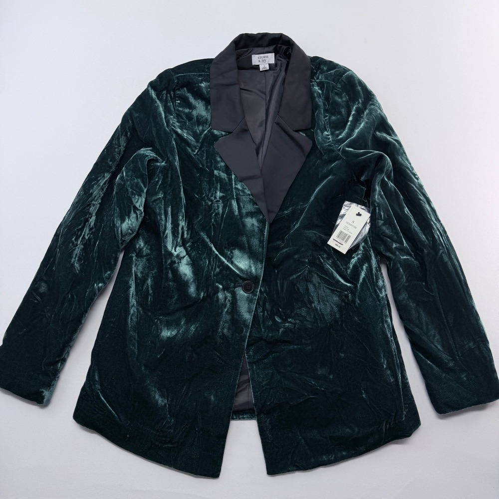 Crown & Ivy Signature Velvet Blazer Craft Green Black Lapel Jacket Small NWT